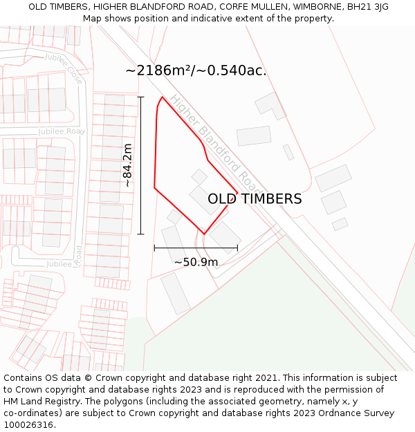 OLD TIMBERS, HIGHER BLANDFORD ROAD, CORFE MULLEN, WIMBORNE, BH21 3JG: Plot and title map