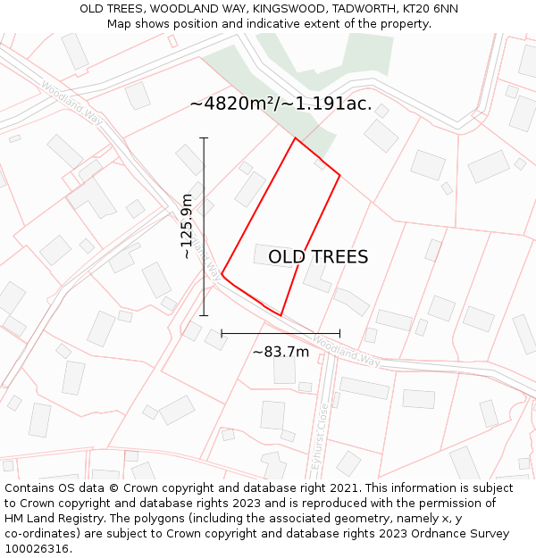OLD TREES, WOODLAND WAY, KINGSWOOD, TADWORTH, KT20 6NN: Plot and title map