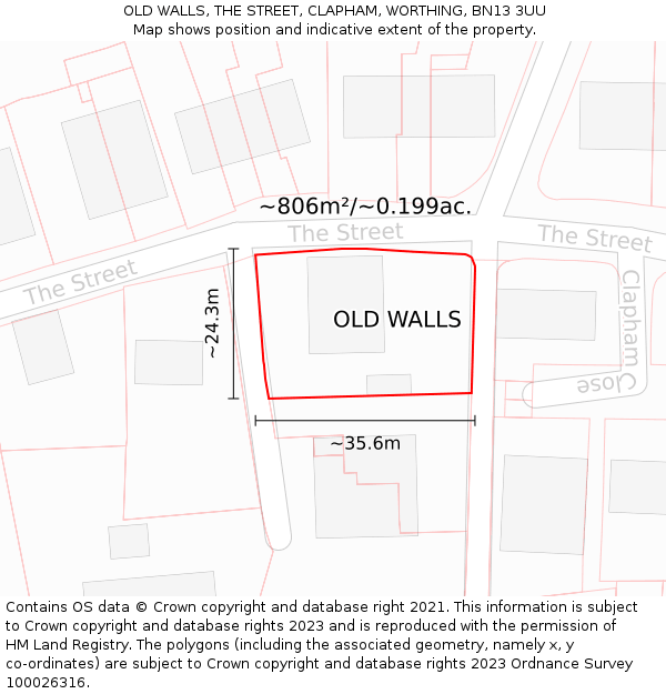 OLD WALLS, THE STREET, CLAPHAM, WORTHING, BN13 3UU: Plot and title map