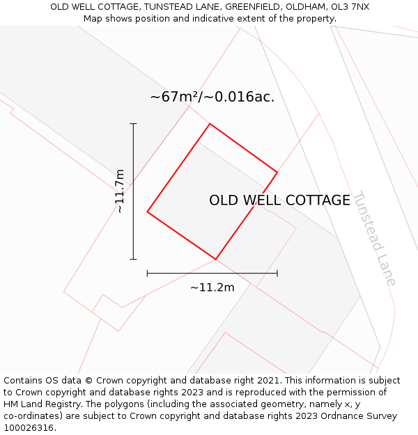 OLD WELL COTTAGE, TUNSTEAD LANE, GREENFIELD, OLDHAM, OL3 7NX: Plot and title map