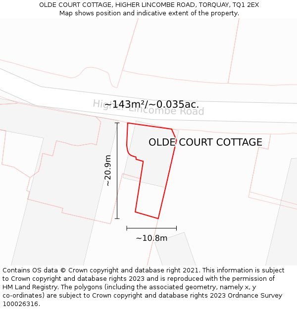 OLDE COURT COTTAGE, HIGHER LINCOMBE ROAD, TORQUAY, TQ1 2EX: Plot and title map