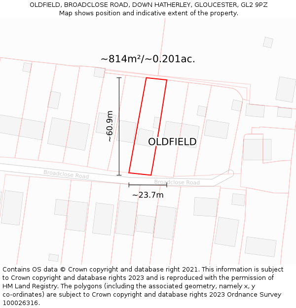 OLDFIELD, BROADCLOSE ROAD, DOWN HATHERLEY, GLOUCESTER, GL2 9PZ: Plot and title map