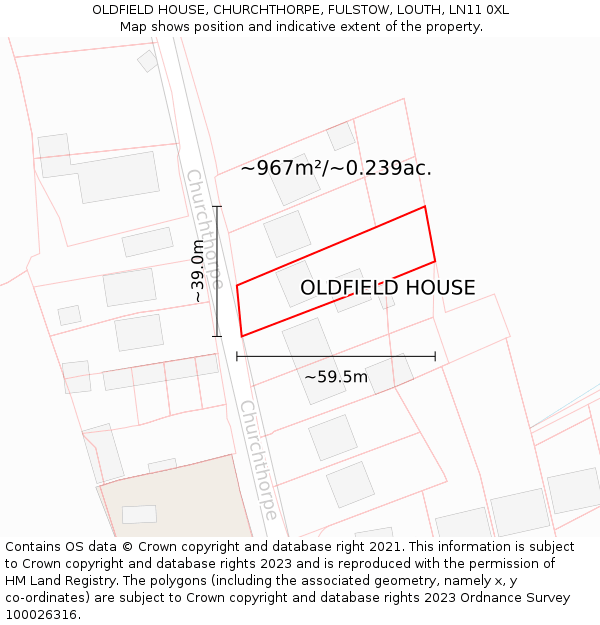 OLDFIELD HOUSE, CHURCHTHORPE, FULSTOW, LOUTH, LN11 0XL: Plot and title map
