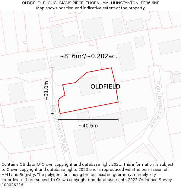 OLDFIELD, PLOUGHMANS PIECE, THORNHAM, HUNSTANTON, PE36 6NE: Plot and title map