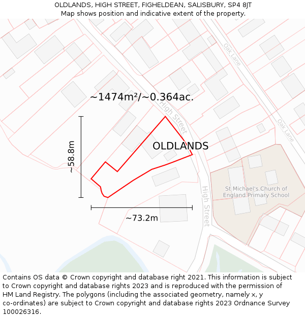 OLDLANDS, HIGH STREET, FIGHELDEAN, SALISBURY, SP4 8JT: Plot and title map