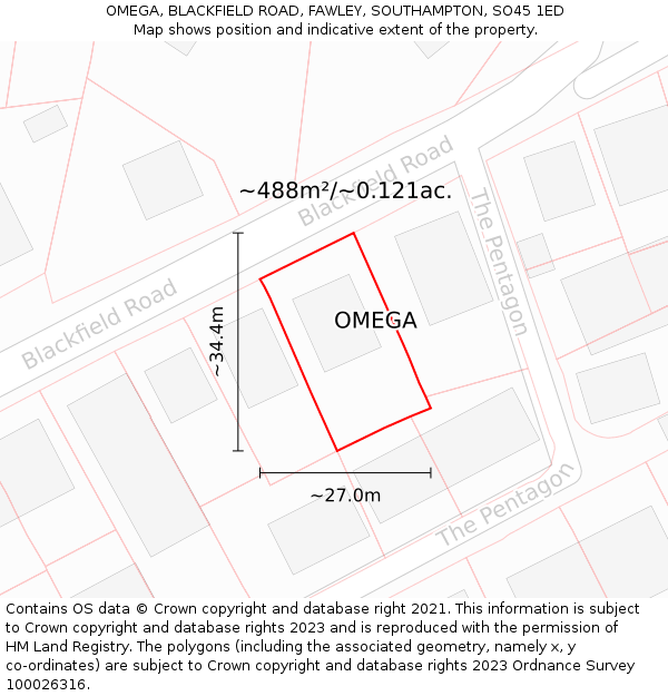 OMEGA, BLACKFIELD ROAD, FAWLEY, SOUTHAMPTON, SO45 1ED: Plot and title map