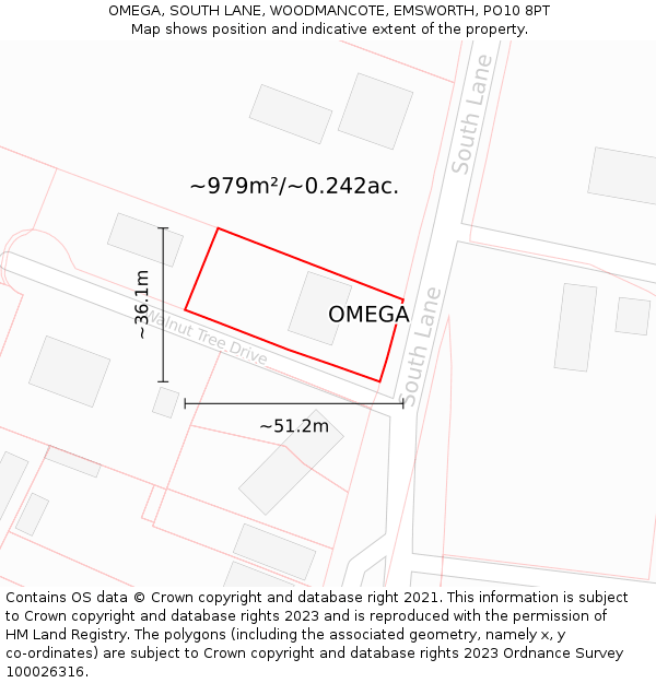 OMEGA, SOUTH LANE, WOODMANCOTE, EMSWORTH, PO10 8PT: Plot and title map