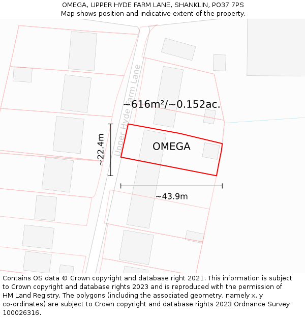 OMEGA, UPPER HYDE FARM LANE, SHANKLIN, PO37 7PS: Plot and title map