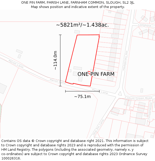 ONE PIN FARM, PARISH LANE, FARNHAM COMMON, SLOUGH, SL2 3JL: Plot and title map