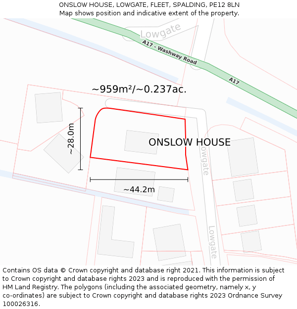 ONSLOW HOUSE, LOWGATE, FLEET, SPALDING, PE12 8LN: Plot and title map
