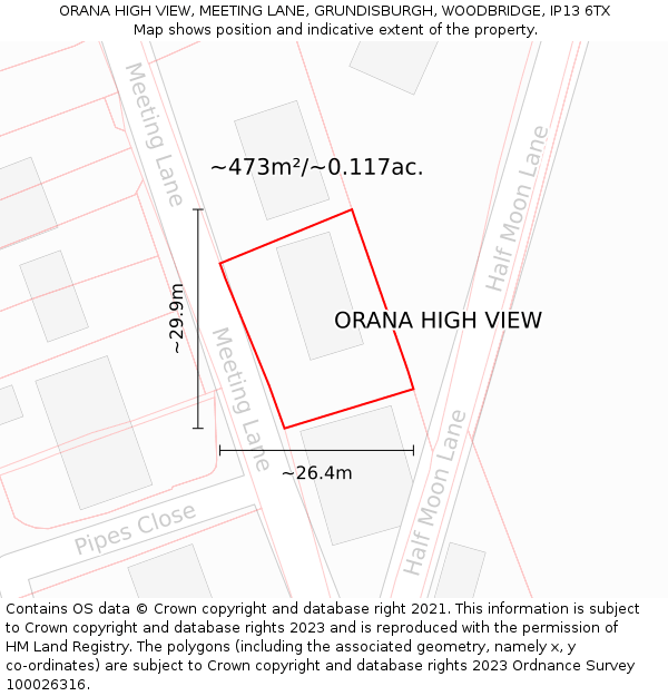 ORANA HIGH VIEW, MEETING LANE, GRUNDISBURGH, WOODBRIDGE, IP13 6TX: Plot and title map