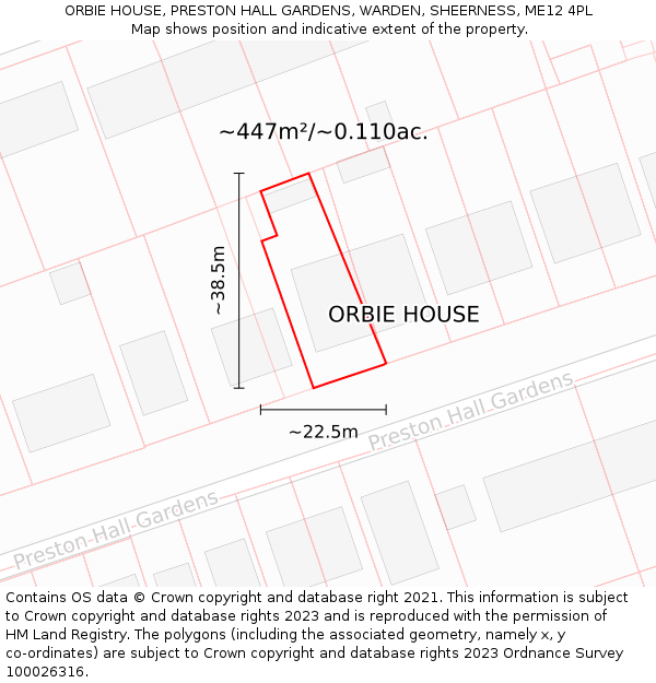 ORBIE HOUSE, PRESTON HALL GARDENS, WARDEN, SHEERNESS, ME12 4PL: Plot and title map