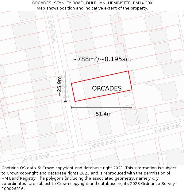 ORCADES, STANLEY ROAD, BULPHAN, UPMINSTER, RM14 3RX: Plot and title map