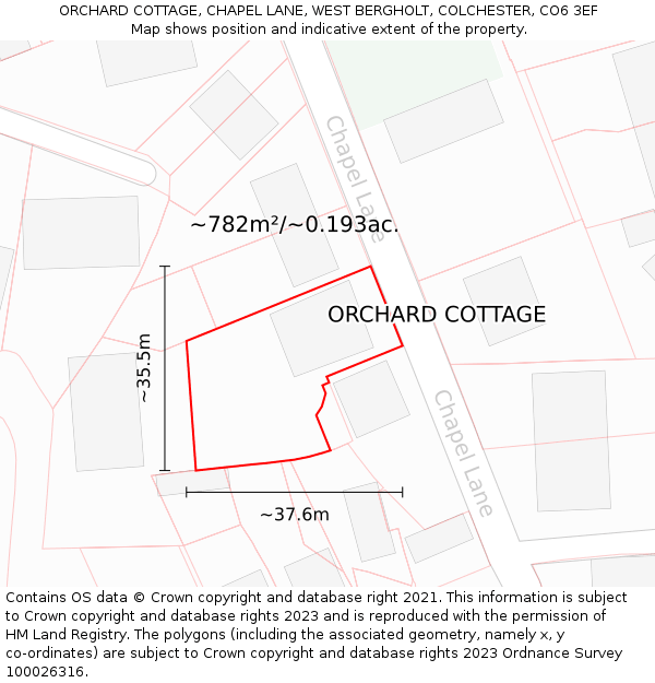 ORCHARD COTTAGE, CHAPEL LANE, WEST BERGHOLT, COLCHESTER, CO6 3EF: Plot and title map