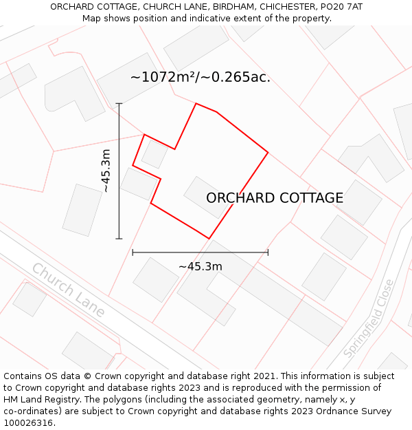 ORCHARD COTTAGE, CHURCH LANE, BIRDHAM, CHICHESTER, PO20 7AT: Plot and title map
