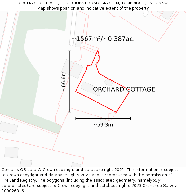 ORCHARD COTTAGE, GOUDHURST ROAD, MARDEN, TONBRIDGE, TN12 9NW: Plot and title map