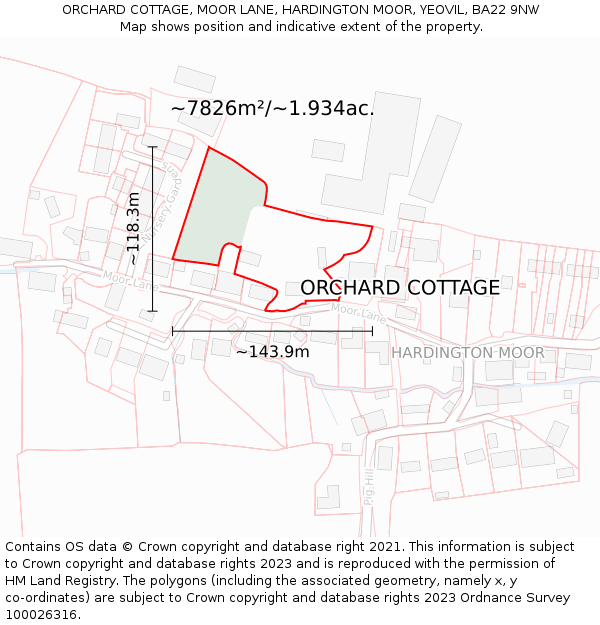 ORCHARD COTTAGE, MOOR LANE, HARDINGTON MOOR, YEOVIL, BA22 9NW: Plot and title map