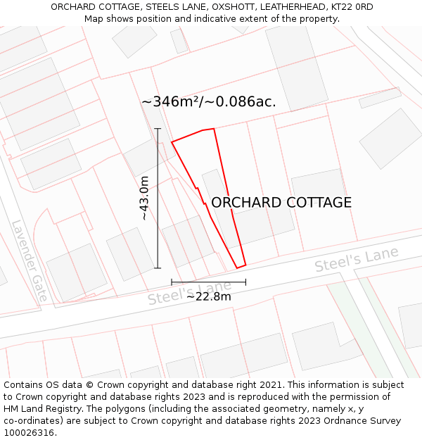 ORCHARD COTTAGE, STEELS LANE, OXSHOTT, LEATHERHEAD, KT22 0RD: Plot and title map