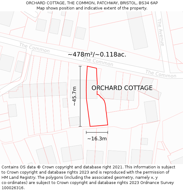 ORCHARD COTTAGE, THE COMMON, PATCHWAY, BRISTOL, BS34 6AP: Plot and title map