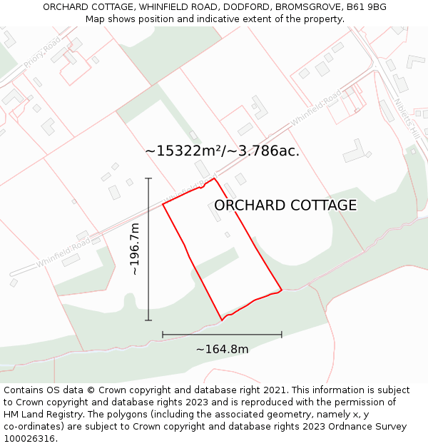 ORCHARD COTTAGE, WHINFIELD ROAD, DODFORD, BROMSGROVE, B61 9BG: Plot and title map