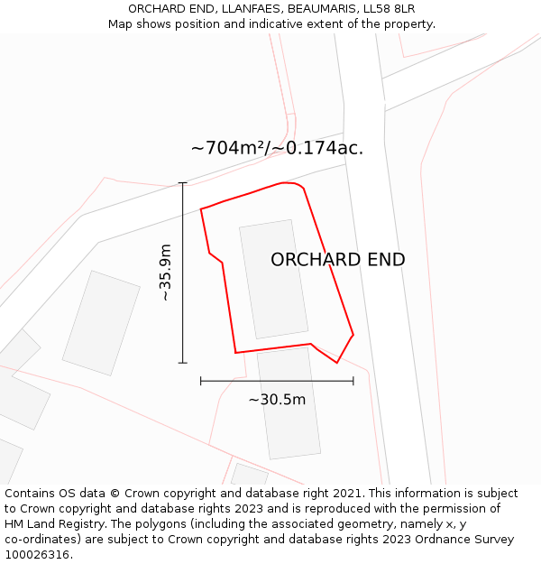 ORCHARD END, LLANFAES, BEAUMARIS, LL58 8LR: Plot and title map