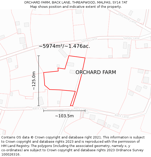 ORCHARD FARM, BACK LANE, THREAPWOOD, MALPAS, SY14 7AT: Plot and title map