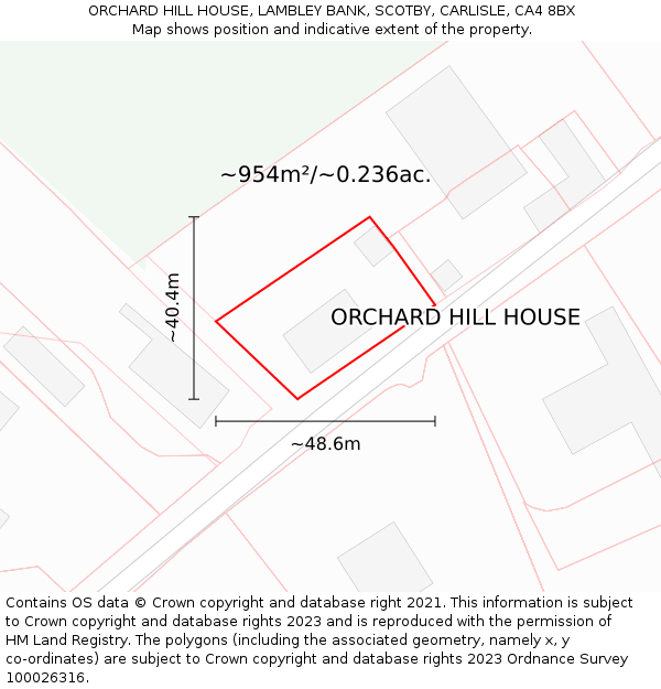 ORCHARD HILL HOUSE, LAMBLEY BANK, SCOTBY, CARLISLE, CA4 8BX: Plot and title map