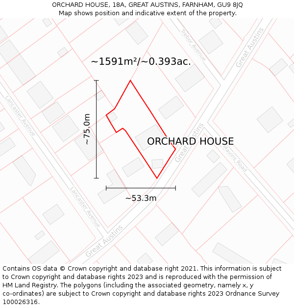 ORCHARD HOUSE, 18A, GREAT AUSTINS, FARNHAM, GU9 8JQ: Plot and title map
