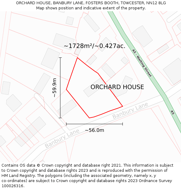 ORCHARD HOUSE, BANBURY LANE, FOSTERS BOOTH, TOWCESTER, NN12 8LG: Plot and title map