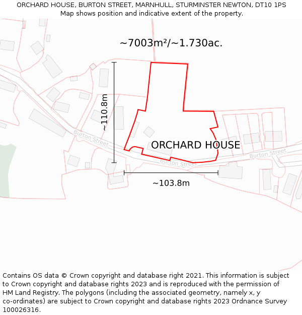ORCHARD HOUSE, BURTON STREET, MARNHULL, STURMINSTER NEWTON, DT10 1PS: Plot and title map
