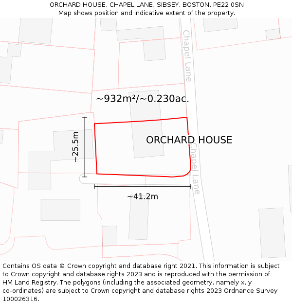 ORCHARD HOUSE, CHAPEL LANE, SIBSEY, BOSTON, PE22 0SN: Plot and title map