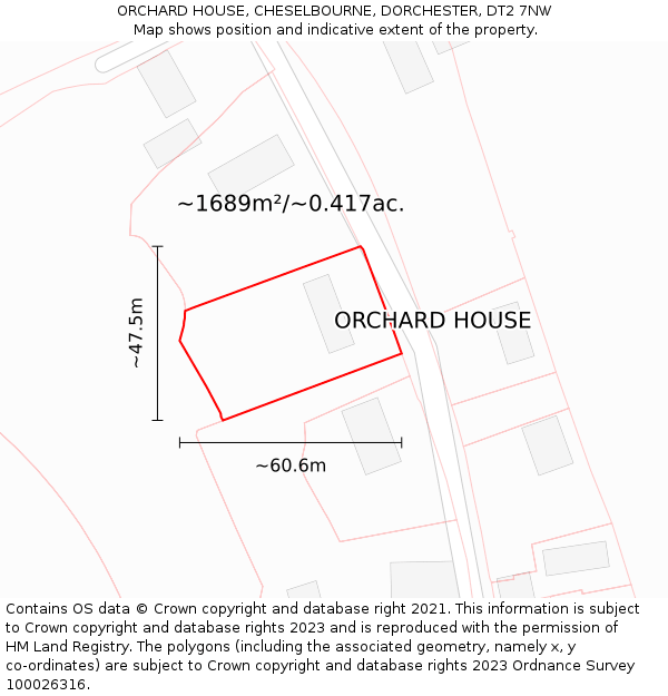 ORCHARD HOUSE, CHESELBOURNE, DORCHESTER, DT2 7NW: Plot and title map