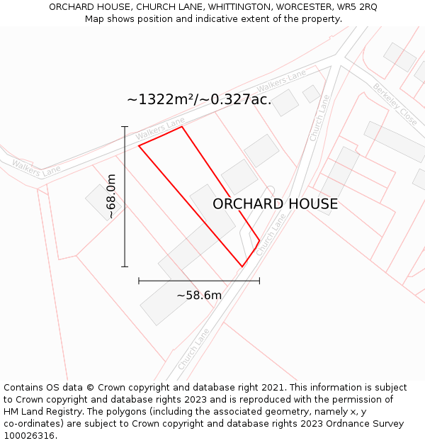 ORCHARD HOUSE, CHURCH LANE, WHITTINGTON, WORCESTER, WR5 2RQ: Plot and title map