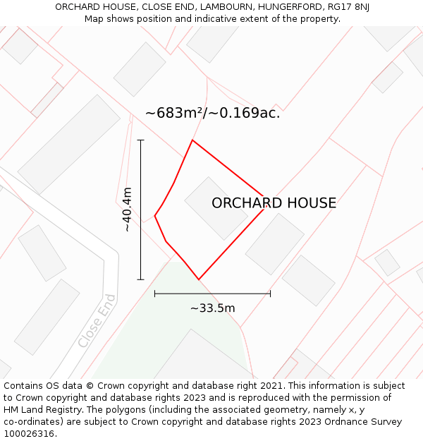 ORCHARD HOUSE, CLOSE END, LAMBOURN, HUNGERFORD, RG17 8NJ: Plot and title map