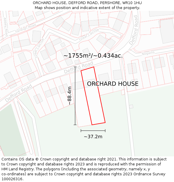 ORCHARD HOUSE, DEFFORD ROAD, PERSHORE, WR10 1HU: Plot and title map
