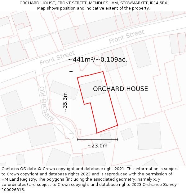 ORCHARD HOUSE, FRONT STREET, MENDLESHAM, STOWMARKET, IP14 5RX: Plot and title map