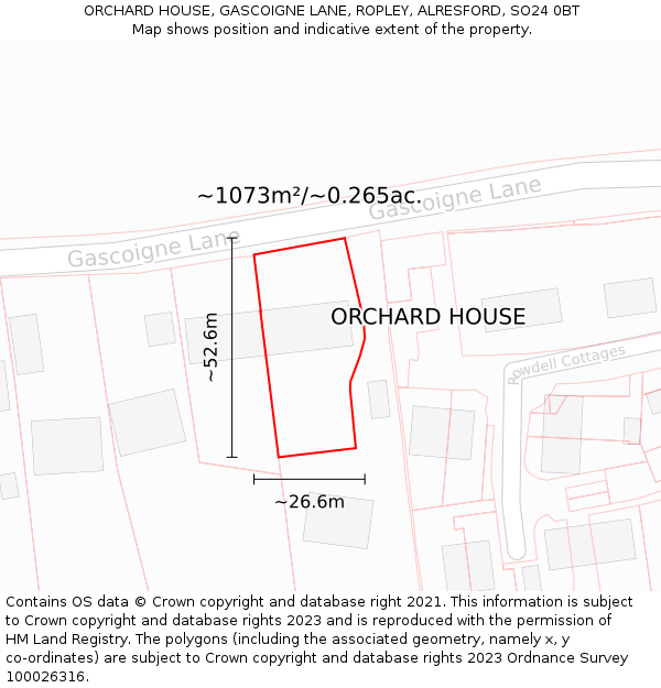 ORCHARD HOUSE, GASCOIGNE LANE, ROPLEY, ALRESFORD, SO24 0BT: Plot and title map