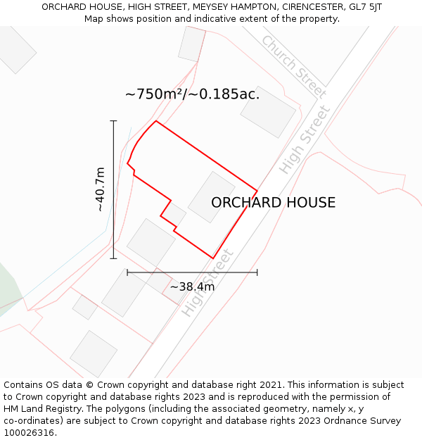 ORCHARD HOUSE, HIGH STREET, MEYSEY HAMPTON, CIRENCESTER, GL7 5JT: Plot and title map