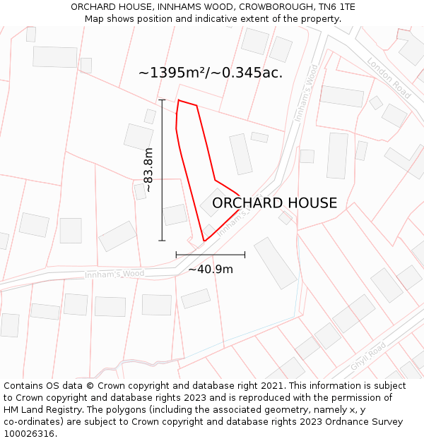 ORCHARD HOUSE, INNHAMS WOOD, CROWBOROUGH, TN6 1TE: Plot and title map