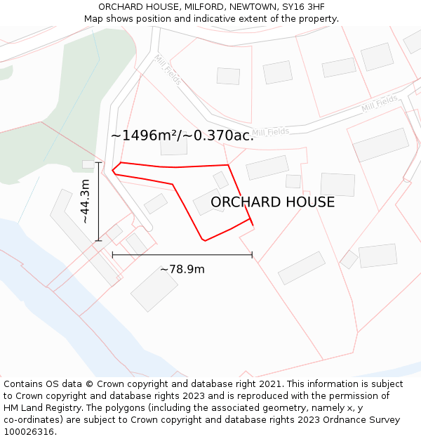 ORCHARD HOUSE, MILFORD, NEWTOWN, SY16 3HF: Plot and title map