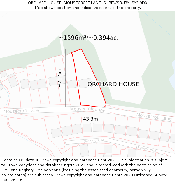 ORCHARD HOUSE, MOUSECROFT LANE, SHREWSBURY, SY3 9DX: Plot and title map