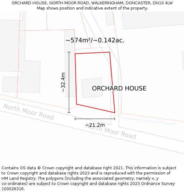 ORCHARD HOUSE, NORTH MOOR ROAD, WALKERINGHAM, DONCASTER, DN10 4LW: Plot and title map