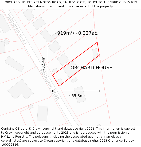 ORCHARD HOUSE, PITTINGTON ROAD, RAINTON GATE, HOUGHTON LE SPRING, DH5 9RG: Plot and title map