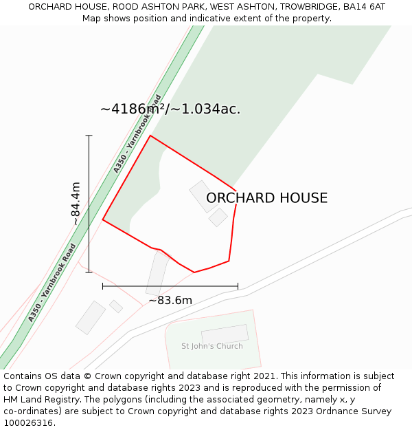 ORCHARD HOUSE, ROOD ASHTON PARK, WEST ASHTON, TROWBRIDGE, BA14 6AT: Plot and title map