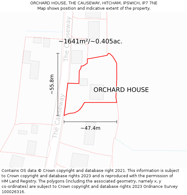 ORCHARD HOUSE, THE CAUSEWAY, HITCHAM, IPSWICH, IP7 7NE: Plot and title map