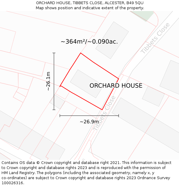 ORCHARD HOUSE, TIBBETS CLOSE, ALCESTER, B49 5QU: Plot and title map