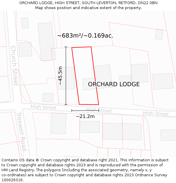 ORCHARD LODGE, HIGH STREET, SOUTH LEVERTON, RETFORD, DN22 0BN: Plot and title map