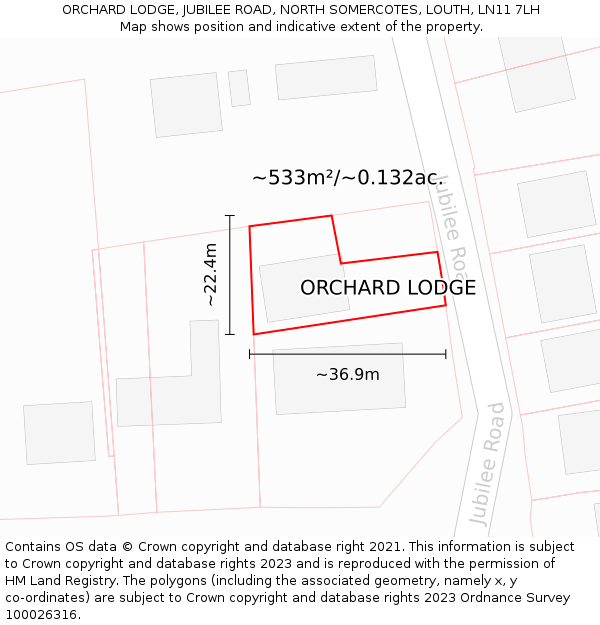 ORCHARD LODGE, JUBILEE ROAD, NORTH SOMERCOTES, LOUTH, LN11 7LH: Plot and title map