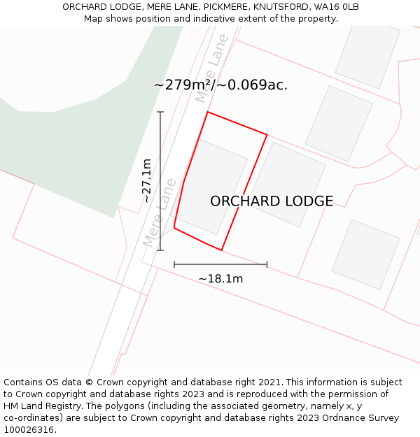 ORCHARD LODGE, MERE LANE, PICKMERE, KNUTSFORD, WA16 0LB: Plot and title map