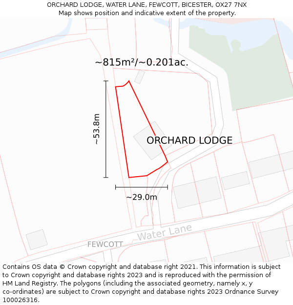 ORCHARD LODGE, WATER LANE, FEWCOTT, BICESTER, OX27 7NX: Plot and title map